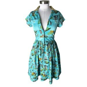 RARE Disney The Dress Shop Jungle Cruise Dress S Blue Tiki Print Fit and Flare